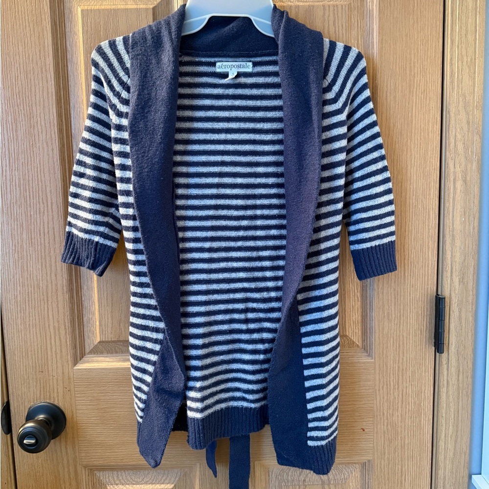 Aeropostale Navy and White Striped Open-Front Cardigan
